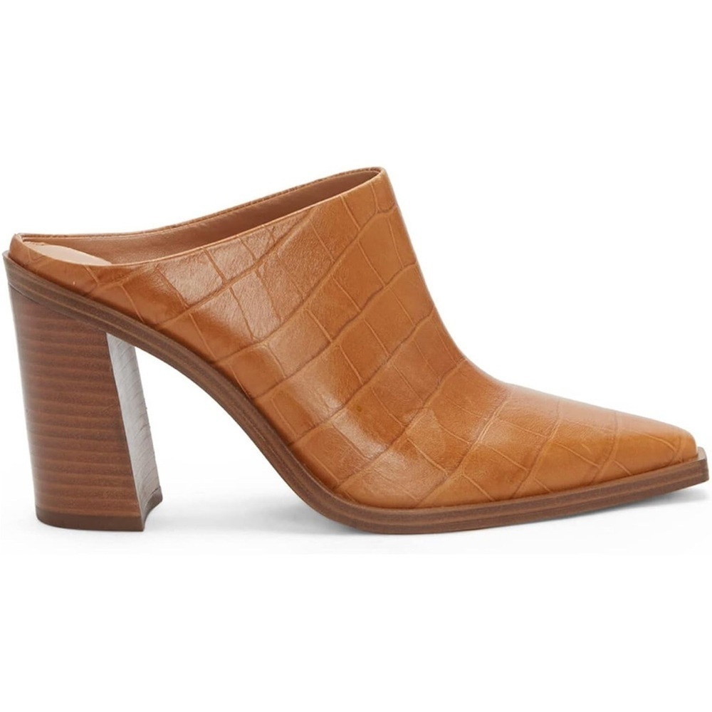 FOWT Crocodile Embossed Mules Chunky Stacked Heel Pointed Toe brown size 7